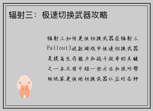 辐射三：极速切换武器攻略