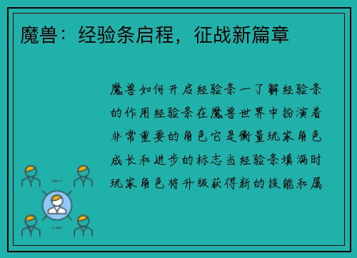 魔兽：经验条启程，征战新篇章
